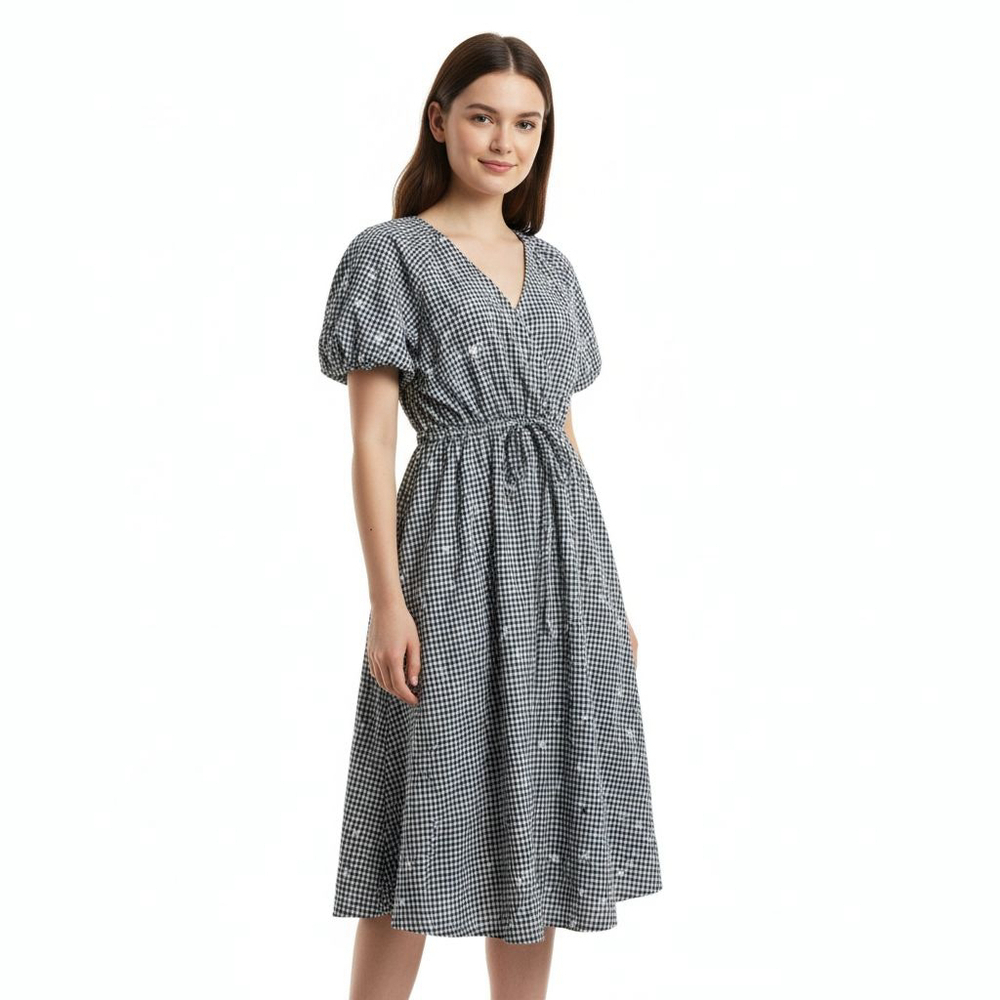 Madewell Embroidered Gingham Faux Wrap Tie Waist Midi Dress - Small